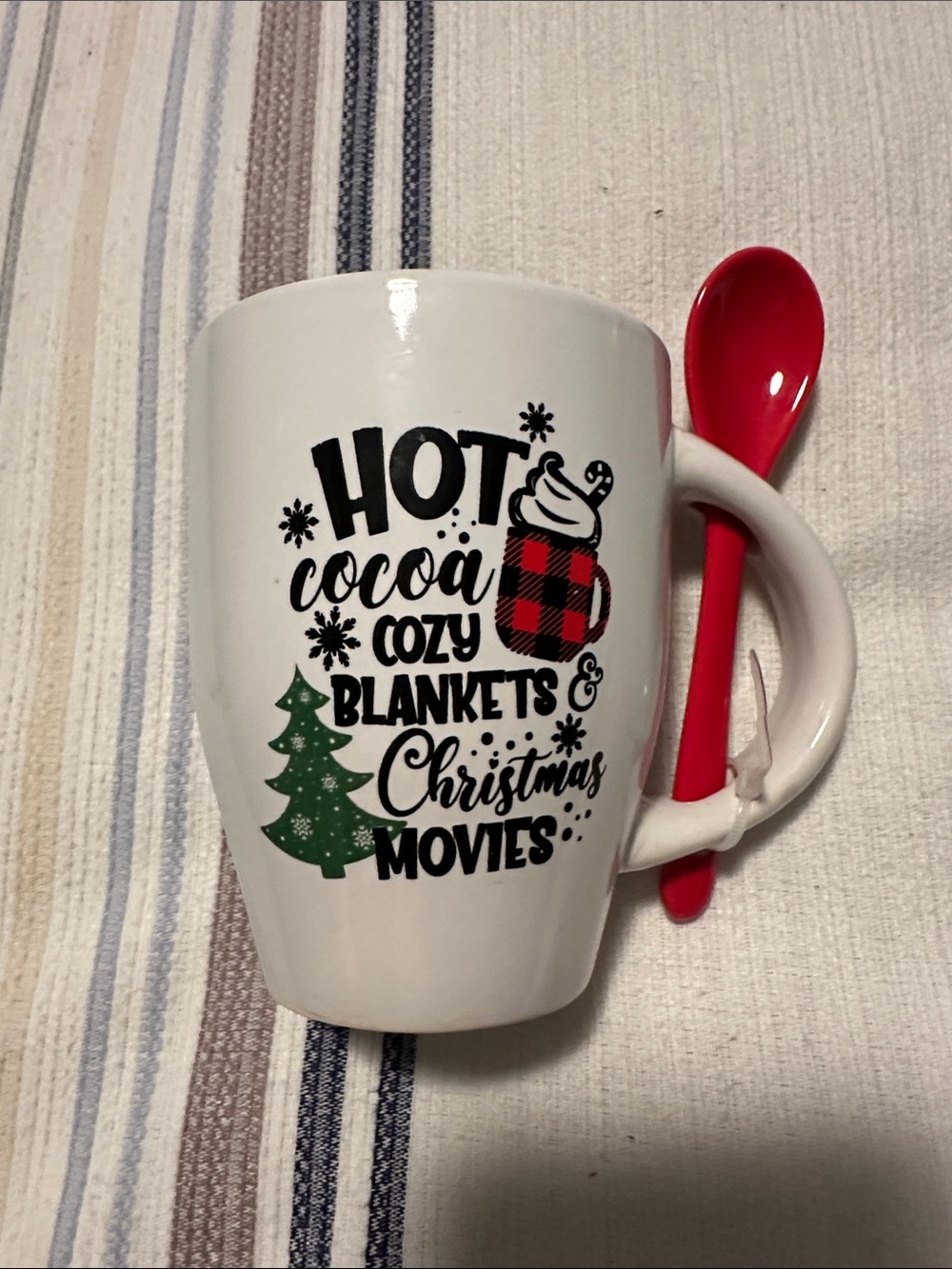 Holiday Hot Cocoa Mug with Red Spoon - White Ceramic Christmas Mug